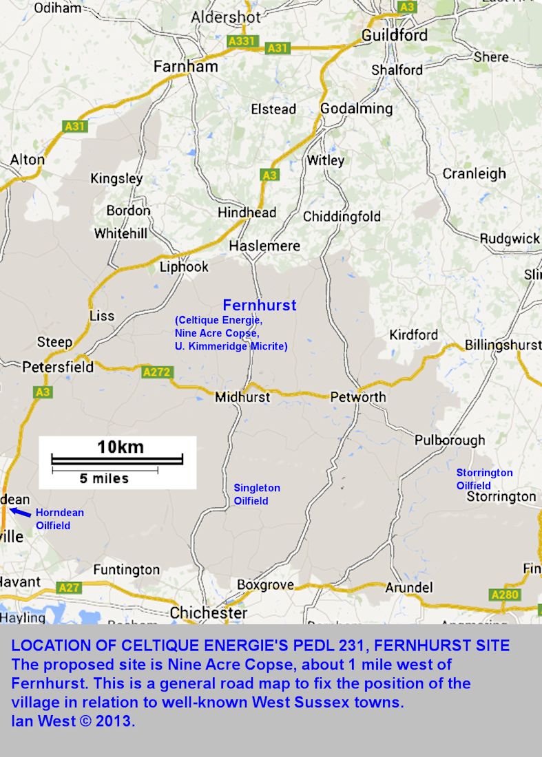 Simple location map for Fernhurst, Weald Basin, southeastern England, site for Celtique Energie borehole into the Upper Micrite of the Kimmeridge Clay, as at Balcombe